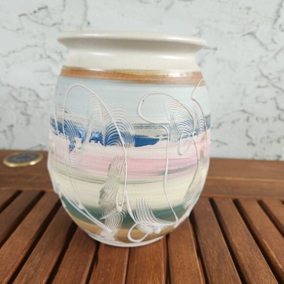 Handmade Ceramic Utensil Jar in Pastels by Sandy Dumba, 7" tall, 5" across - Picture 7 of 12